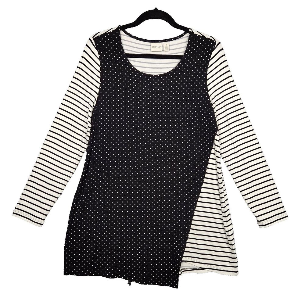CHICOS ZENERGY Black White Dot Striped Mixed Print Tunic Top SIZE 1 US MEDIUM 8